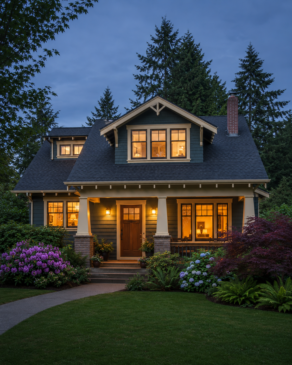Welcoming Edmonds-style Craftsman home illuminated at dusk
