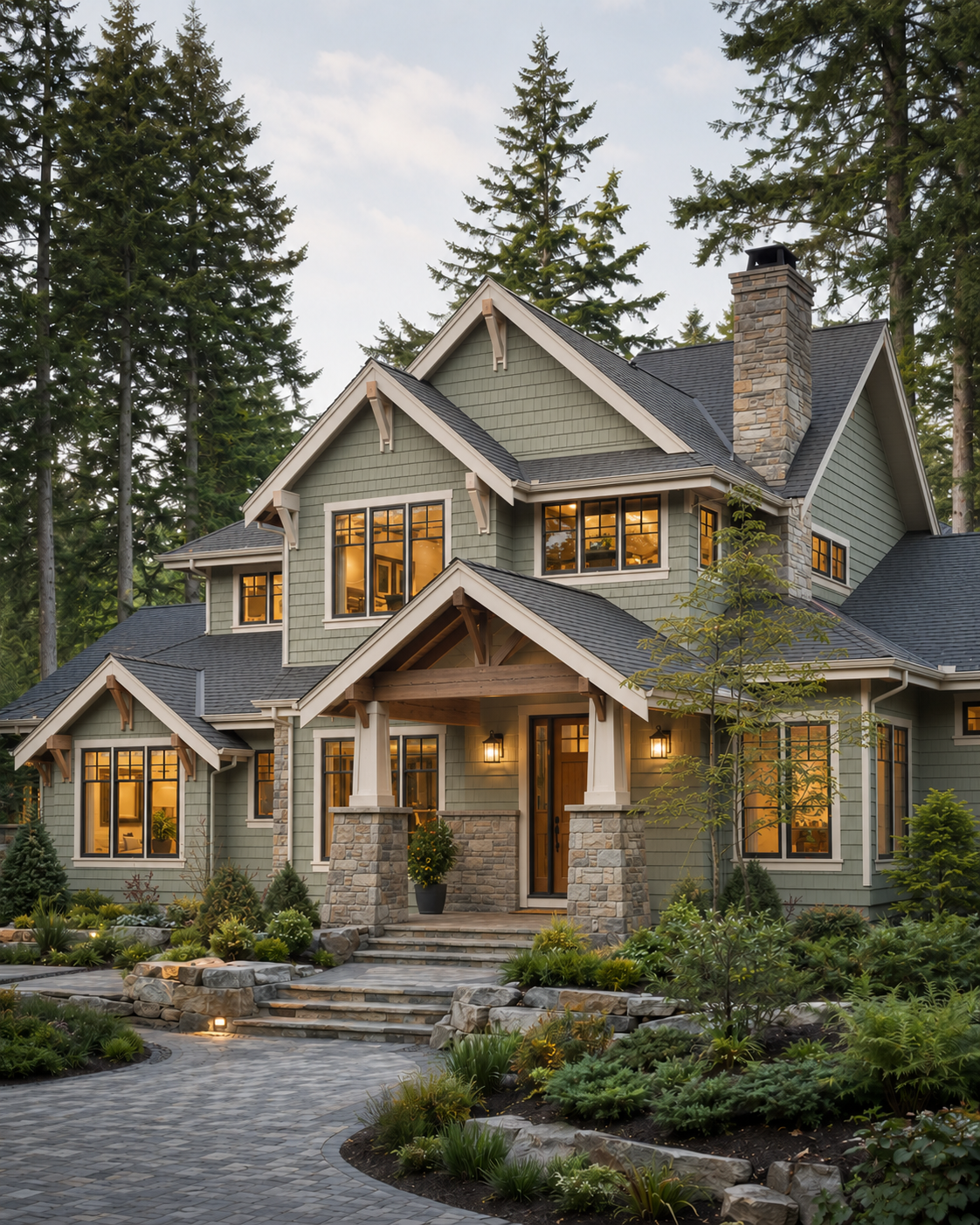 Welcoming Pacific Northwest home surrounded by evergreen trees